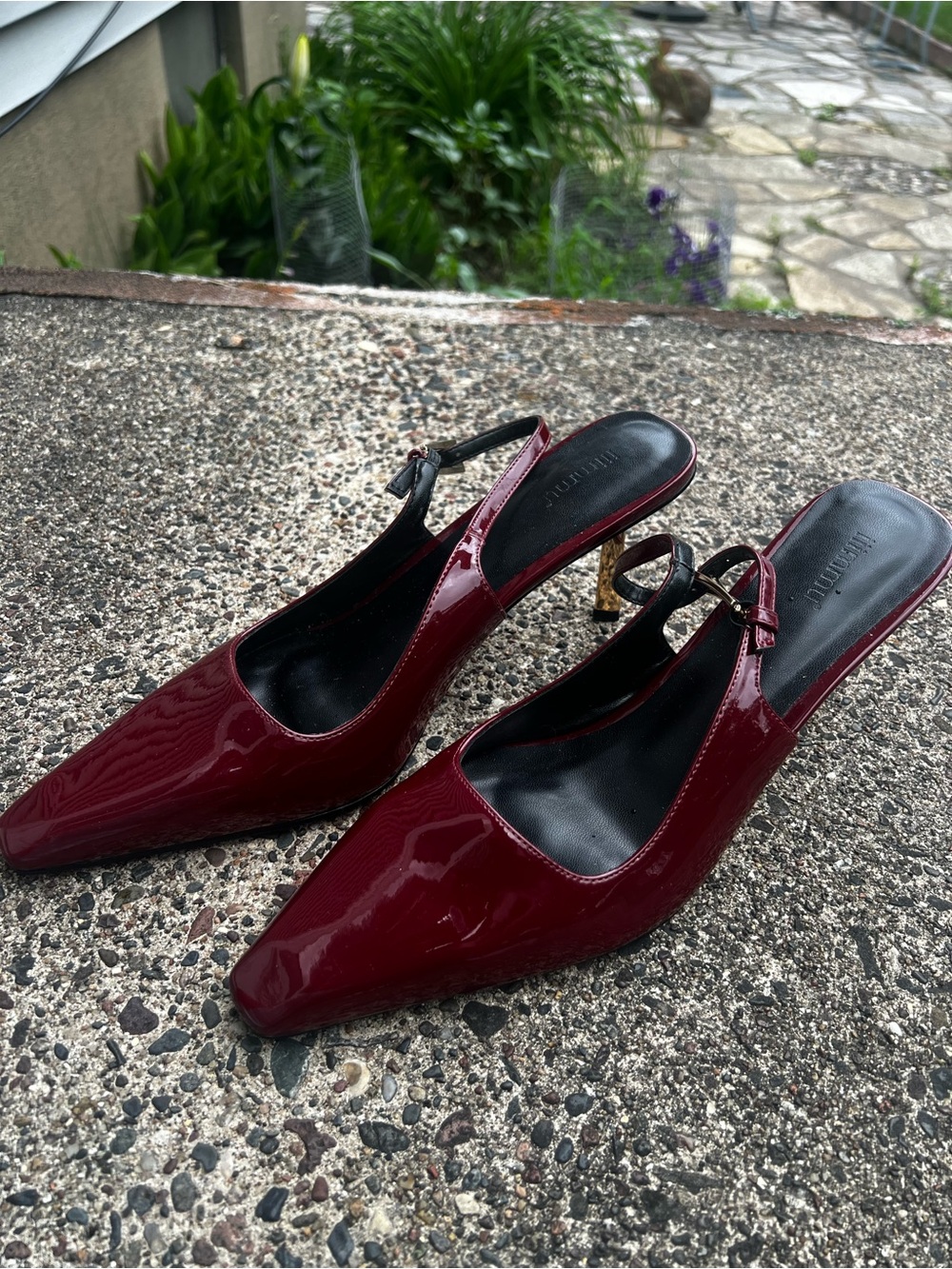 Patent Slingback Mules in Burgundy with Gold Heel